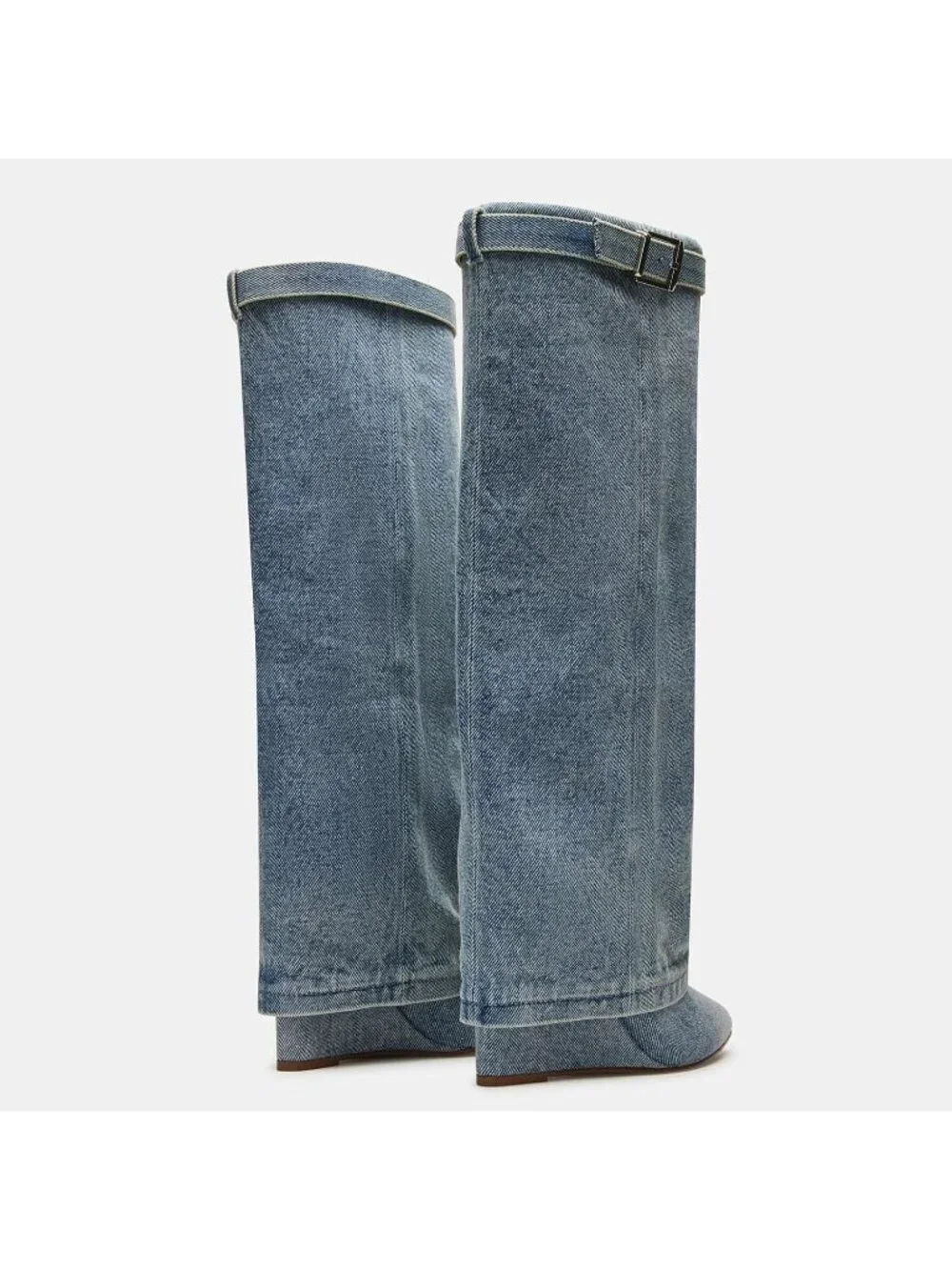 Women's Denim Fold Over Wide Calf Wedge Heel Knee High With Decorative Lock Boot
